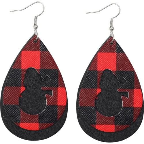 Hollow Teardrop Christmas Tree Buffalo Plaid Faux Leather Earrings Glitter Layered Snowman Deer Leaf Earrings Xmas Gifts New