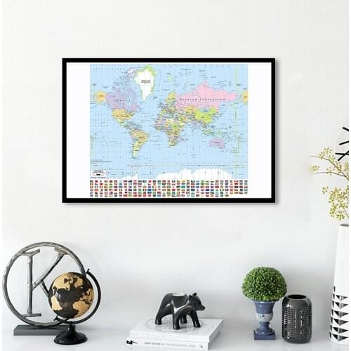 A1 SizeThe World Map with National Flags In English Canvas Painting Wall Poster And Prints Classroom Home Decor School Supplies