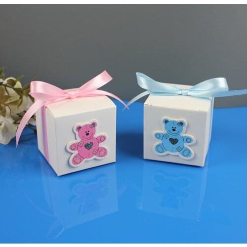 Pink Blue Lovely bear Creative Baby Shower Stitched Ribbon Wedding Candy Boxes for Baby Shower Party Favors