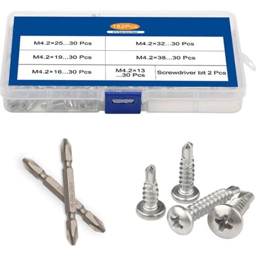 182PCS/Box M4.2 Self Drilling Screw Cross Recessed Phillips Pan Head Self-Drilling Tapping Screw Thread 410 Stainless Steel