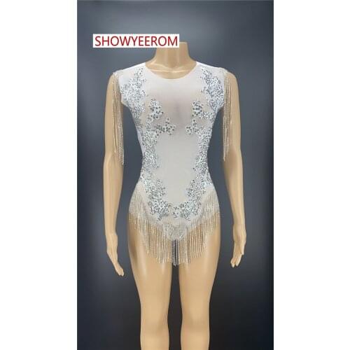 Rhinestones Jumpsuit long Sleeves Stretch Sexy Bodysuit Women Birthday Stage play Celebrate Dress Dancer Party Show Dress