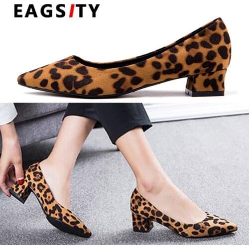 EAGSITY Women shoes leopard Square heels pointed toe ladies dress shoes slip on high heel shallow party wedding work pumps