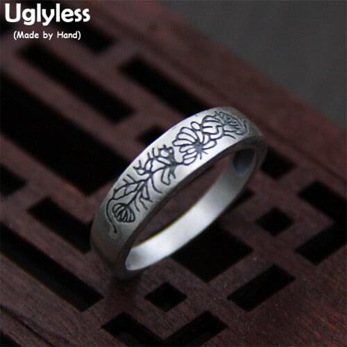 Uglyless Real S 990 Vulcanized Silver Jewelry Women Engraved Vintage Flower Patterns Ring Handmade Ethnic Statement Finger Ring