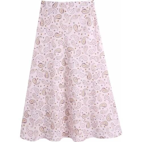 2021 Summer Women Skirt loose Retro Printed Satin High Waist A-line Midi Skirts Ladies Side Zip Pleated Big Swing Skirts Female