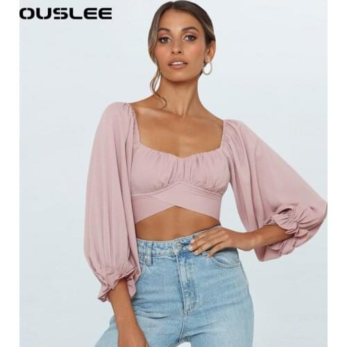 OUSLEE Square Collar Blouse Top Women Fashion Long Sleeve Solid Bow Tie Shirts Female Lantern Sleeve Crop Tops Femme Chiffon Top