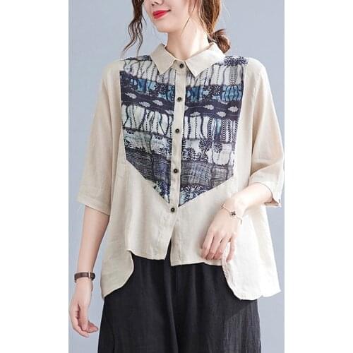 Oversized Women Cotton Linen Casual Shirts New 2021 Summer Vintage Style Patchwork Print Loose Female Half Sleeve Tops B819