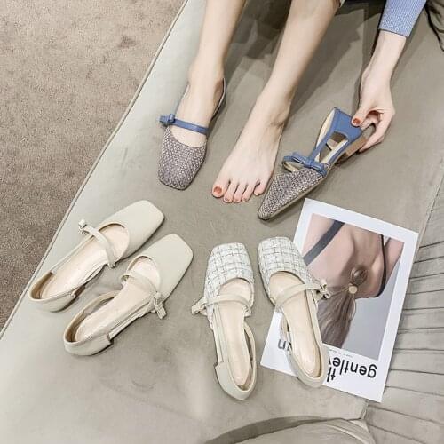 2021 Spring New Small Fresh Low Heel Baotou Hollow Flat Square Shoes Womens Fashion Daily Single Shoes Womens Flat Shoes