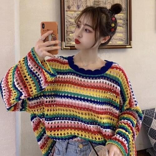 RainbowSweater Women Long Sleeve O-Neck Casual For Women Knit Fashion 2021 spring autumn Korean versionhollowLoose Sweaters