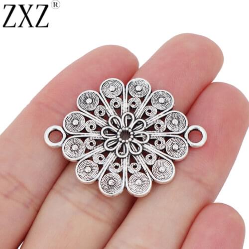 ZXZ 10pcs Tibetan Silver Flower Connector Charms for Bracelet Jewelry Making Findings 38x30mm
