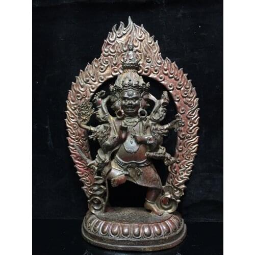 13" Tibet Buddhism Old Bronze Cinnabar Lacquer Dirty King Kong Three heads and eight arms Mahakala statue Enshrine the Buddha