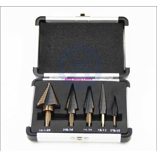 5pcs/set Aluminum Box Inch Baked Yellow Hair Black Triangle Handle High Speed Steel Step Drills Bit Cut Tool Set Hole Cutter