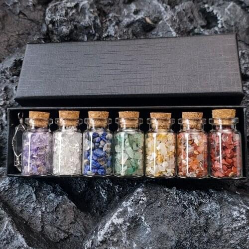 7 Chakra Crystal Rockstone Gravel Wishing Bottles Rough Minerals Pendant Specimen Mini Stone Reiki Healing Gift with a Box