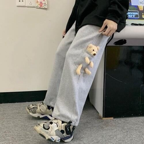 Streetwear Pants Men and Women High Street Pocket Bear Decoration Loose Casual Cute Trousers Hip Hop Couples Clothing