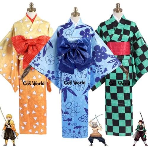 Demon Slayer: Kimetsu no Yaiba Kamado Tanjirou Agatsuma Zenitsu Hashibira Inosuke Yukata Kimono Anime Cosplay Costumes
