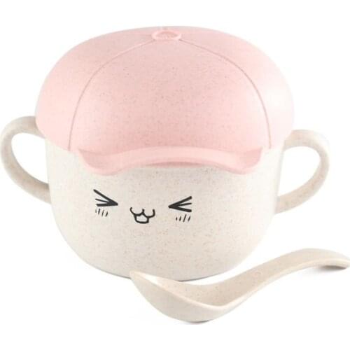 2Pcs Children Baby Wheat Straw Tableware Solid Feeding Cartoon Dishes Baby Bowl Plate Food Feeding Tableware Bowl+spoon