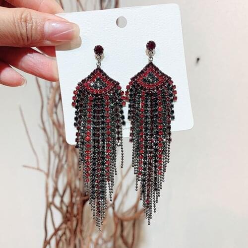 Tassel Long Earrings Red Black Crystal Rhinestone Drop Earrings Pageant Bridal Wedding Party Earrings Jewelry