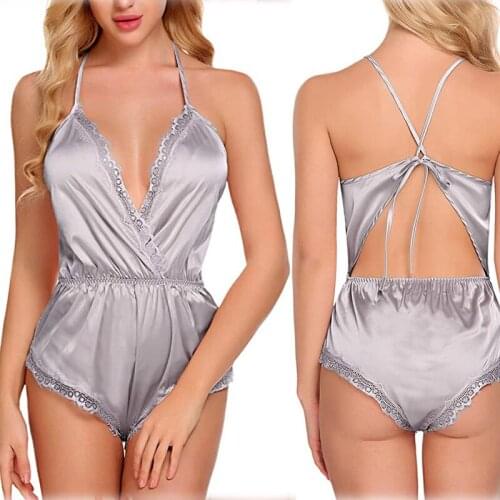 Women Sexy Lingerie Deep V Lotion Hang Neck Nightgowns Sleevless Lace Home Dress Solid Nightwear Silk Satin Sleepwear Bodysuit