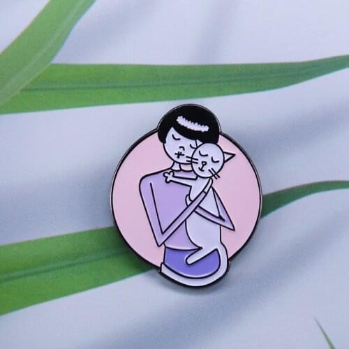 The girl hug the cat enamel pin gift for cat lovers