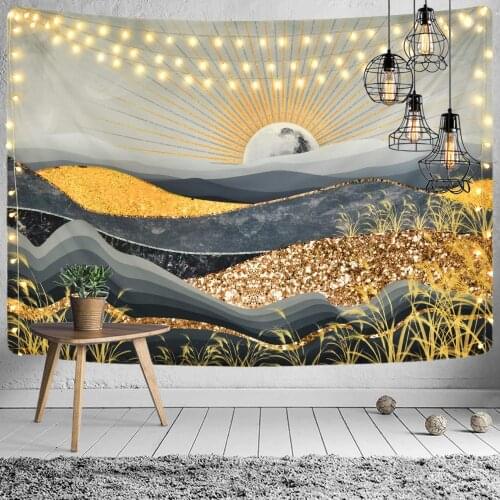 Mountain Gold Grey Art Tapestry Shining Sun Abstract Nature Landscape