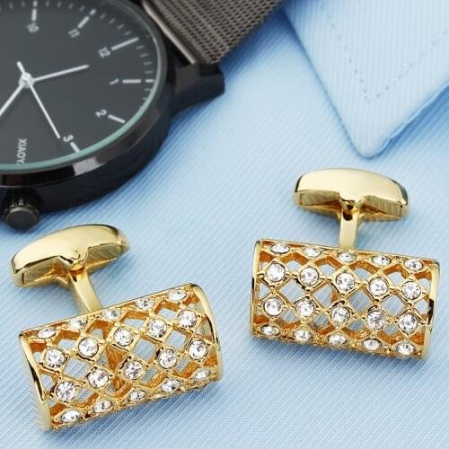 HAWSON Luxury Golden Cufflinks for Men Fashion French Shirt Accessories Cuff Button with Crystal Best Gifts with Box
