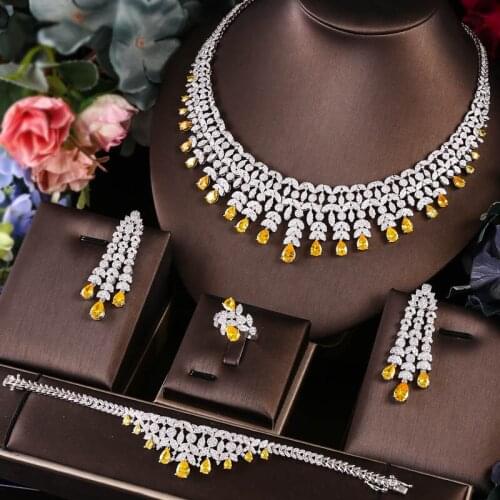 Janekelly 4pcs Bridal Zirconia Full Jewelry Sets For Women Party, Luxury Dubai Nigeria CZ Crystal Wedding Necklace