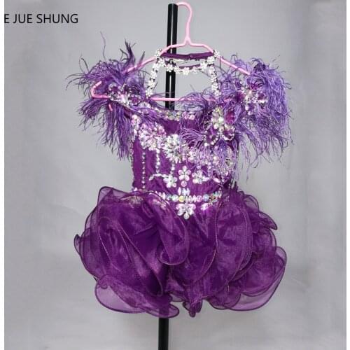 E JUE SHUNG Purple Organza Crystals Short Flower Girl Dresses Feather Cupcake Pageant Girl Dresses tiffany Tutu Dresses