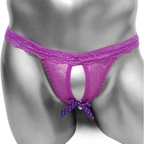 Lace Sissy Open Crotch Panties With Bow Front Sexy Lingerie Men Thong Underwear Cute Lovely Floral Underpants