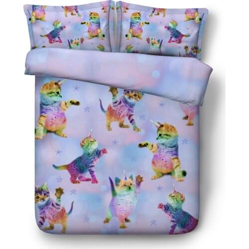KTLRR Unicorn Cat Duvet Cover Set,Stars and Rainbow Colorful Cat Bedclothes,Kids Adults Bed Home Decorative 3 Pcs Bedding Set