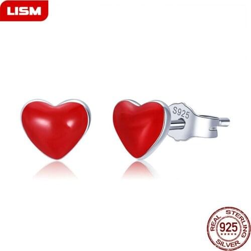 Hot Sale 100% 925 Sterling Silver Sweet Red Heart Enamel Girly Stud Earrings for Women Silver Party Jewelry Gift