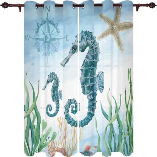 Marine Animal Seahorse Seaweed Window Curtains Kitchen Bedroom Decor Christmas Curtains Home Draperies Curtains for Living Room