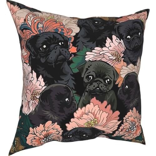 Black Pug Flower Pillow Cover Home Decorative Dog Cushions Throw Pillow for Car Polyester Double-sided Printing Leisure