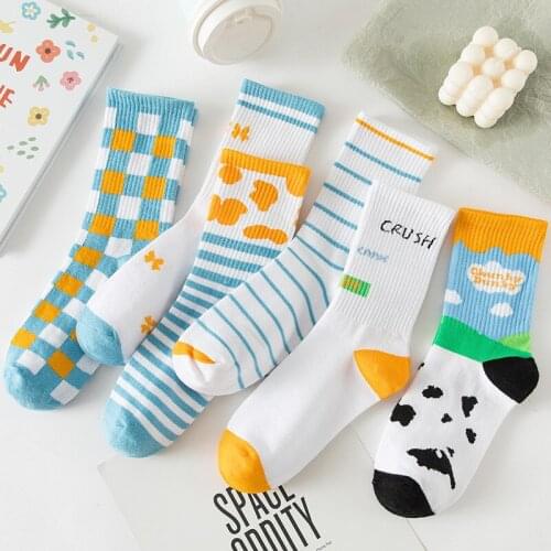Women Cotton Plaid Striped Jacquard Kawaii Socks Casual Tide Mid Tube Student Cute Socks Japanese Korean Style Female 5 Pairs