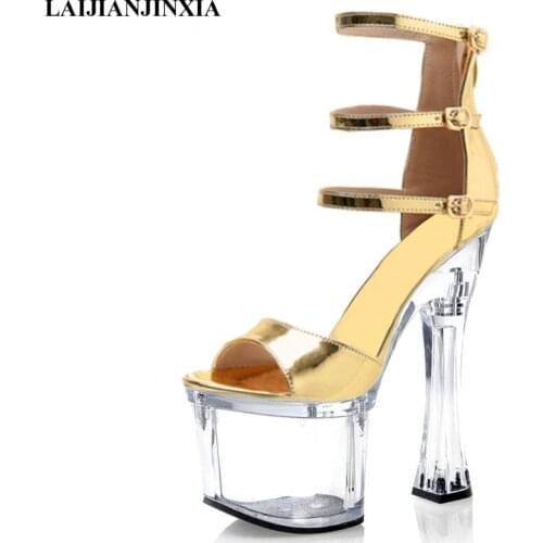 LAIJIANJINXIA New 18 CM High heeled Shoes Hollow Crystal Platform Open Toe Womens Sandals Fashion Party Dress Stage Queen Shoes