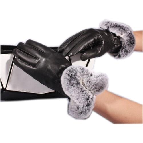 Genuine sheep Leather Gloves real rabbit fur lady Winter Fashion women warm real lamb skin high quality Velvet Windproof