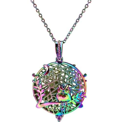 C971 Rainbow Color Big Round Magnet Owl Moon Gridding Beads Cage Pendant Locket Aroma Essential Oil Diffuser Locket Necklace