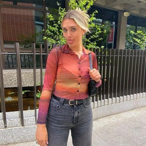 Dourbesty Shirts Women Tie dye Print Mesh See through Shirt Button Down Lapel Long Sleeve Spring Tops Office Female Blouses