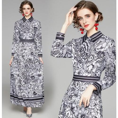 European American England Style 2021 Women Fashion Clothing Spring/Autumn Long Sleeve Design Print Luxury Party Shirt Maxi Dress