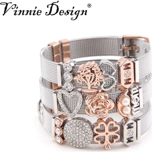 Vinnie Design Jewelry 10mm Stainless Steel Silver Color Mesh Bracelet Set with 4pcs Love Mom Slide Charms
