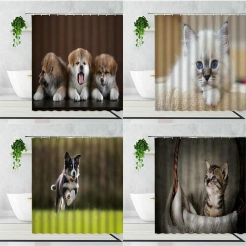Funny Cats And Dogs Shower Curtains Cute Pet Photos Bathroom Decoration Bathtub Screen Bath Curtain With Hook Polyester Washable