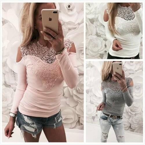 BKLD 2018 Spring Autumn Casual Women O-neck Long Sleeve Cold Shoulder Sexy Hollow Out Floral Lace Shirt Elegant Blusas Femininas