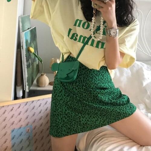 Y2K Retro Green Green Leopard Print Mini Skirt Womens 2021 Summer Fashion A-line High Waist Medium Length Skirt Causal Street