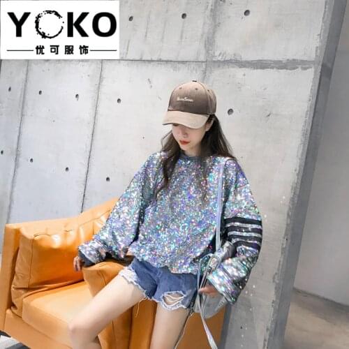 YOKO 2019 autumn new O-Neck sequin Sweatshirt female European station simple fashion bar loose Long sleeve versatile shirt tide