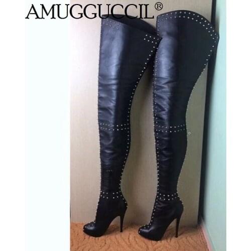 2020 New Plus Big Size 35-52 Black Green Rivets Sexy Thigh High Heel Platform Over The Knee Autumn Winter Lady Women Boot X1886