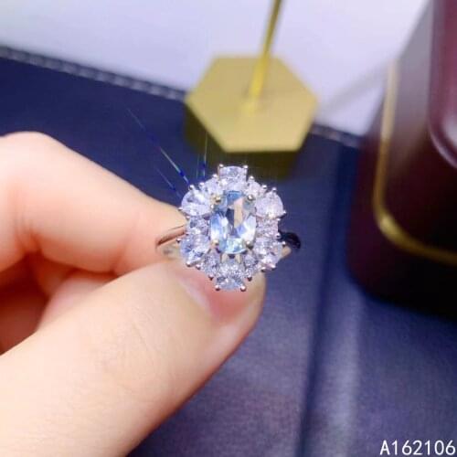 925 Pure Silver Chinese Style Natural Aquamarine Womens Popular Trendy Flower Adjustable Gem Ring Fine Jewelry Support Detectio