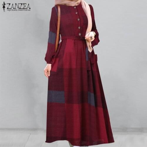 ZANZEA Women Muslim Maxi Dress 2021 Autumn Vintage Puff Sleeve Belted Long Vestidos Casual Plaid Sundress Lady Loose Kaftan Robe