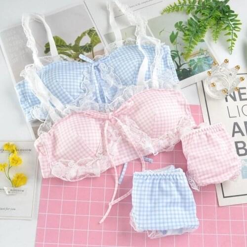 Womens Lingerie Japanese Sexy Lace Lingere Set Underwear Wire Free Plaid Bra and Panty for Young Intimates 2021 Clothes