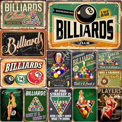 Billiards Club Tin Sign Cafe Bar Beer Snacks Vintage Metal Tin Signs for Cafes Bars Pubs Shop Wall Decorative Funny Retro Signs
