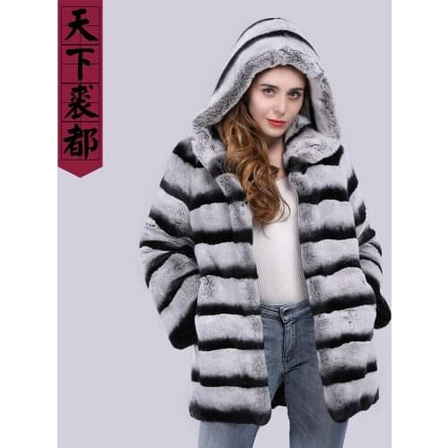 Winter thick warm fur jacket women genuine rex rabbit fur outerwear stirpend lady chinchilla coats hooded brand
