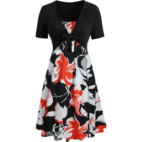 40# Sunflower Print Summer Dress Women Bow Knot Bandage Elegant Dress Floral Elegant Dress Short Sleeve Dresses Vestido De Mujer