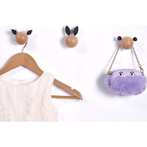 896A 3 Pcs Cute Round Wooden Wall Hanging Hook with Double Ears Self-adhesive Wall Hook Decor Creative Door Hook Cute No Trace